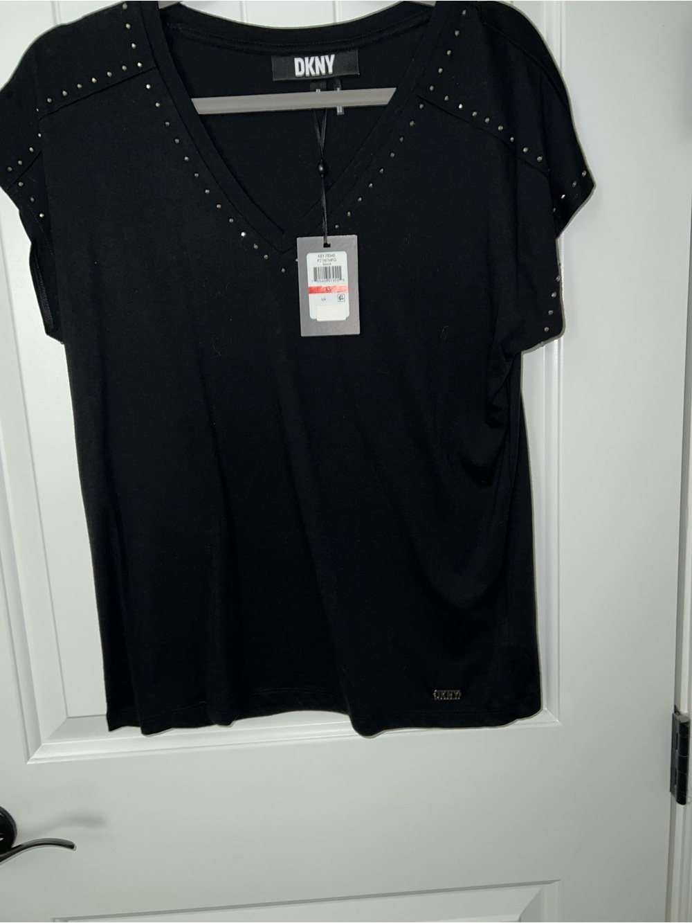 DKNY Black V-Neck Studded Short Sleeve Top